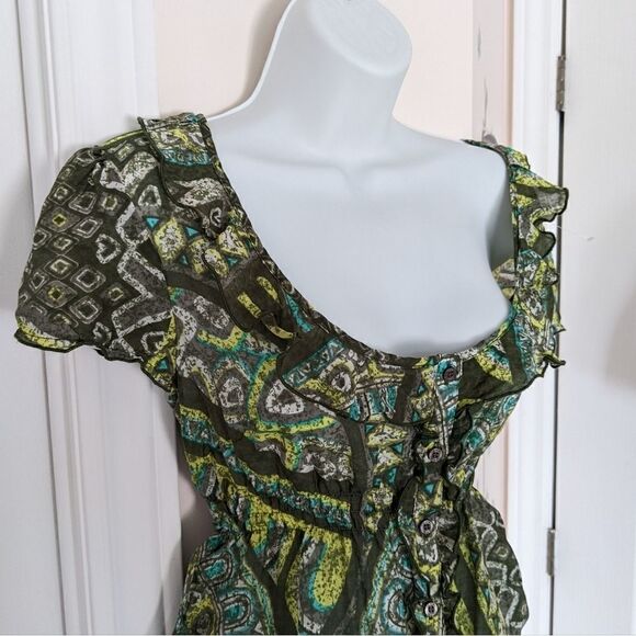 Ruffle cotton silk top abstract print green Large @K1 - Picture 12 of 13
